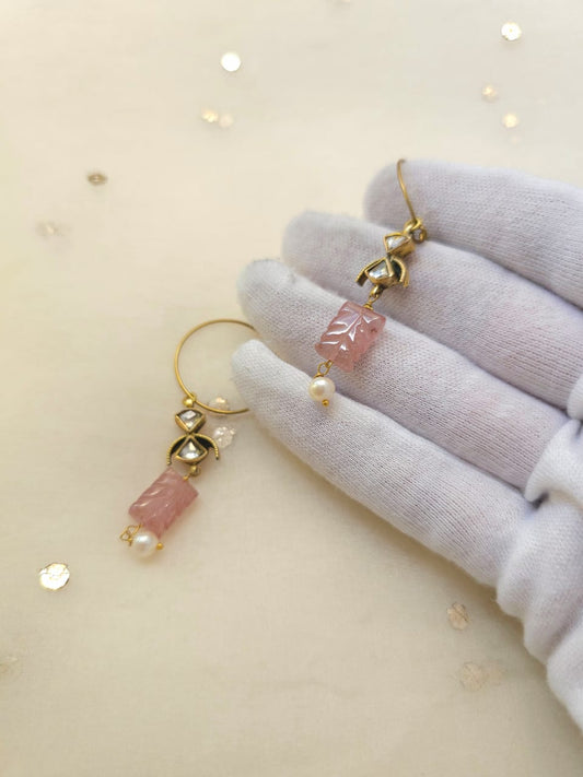 Carved rose quartz hook earrings