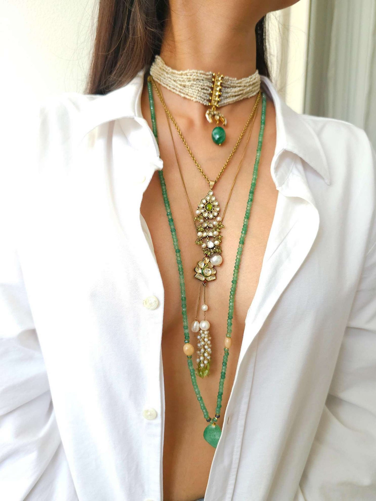 Green jade tumble long necklace