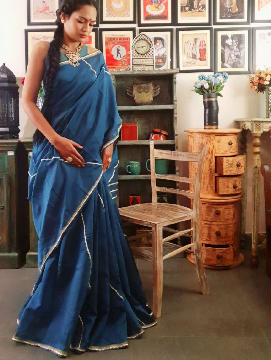 Teal chanderi silk gota saree