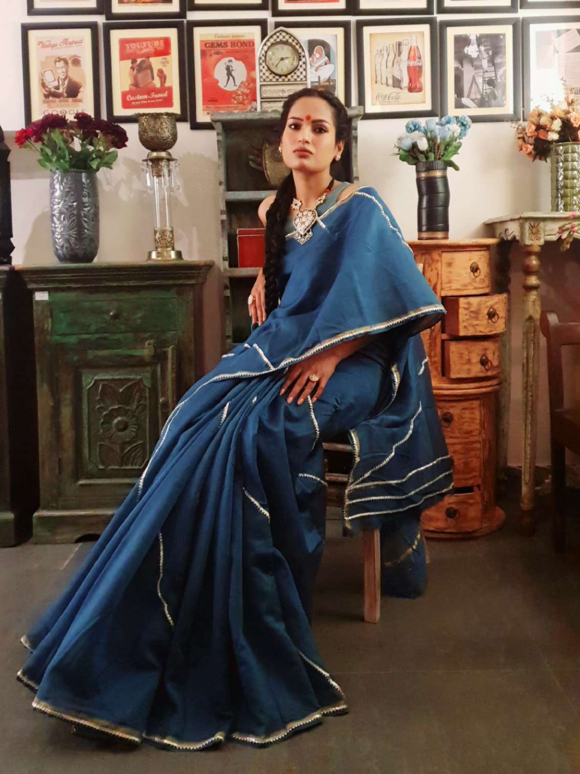 Teal chanderi silk gota saree