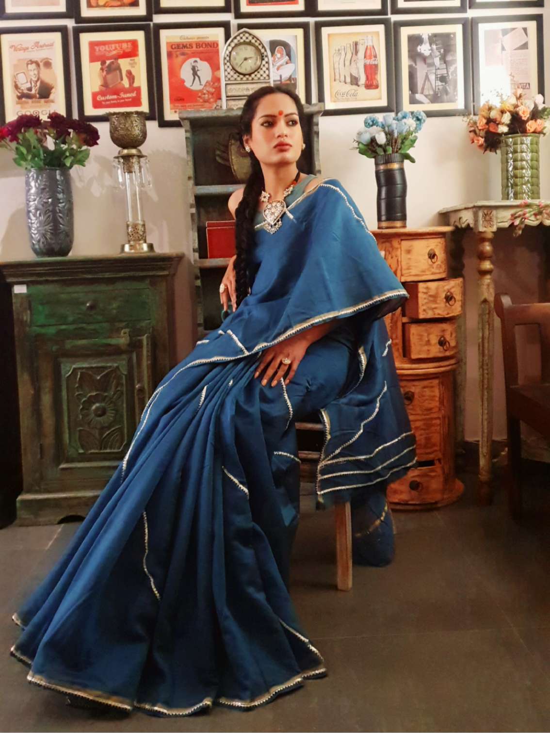 Teal chanderi silk gota saree