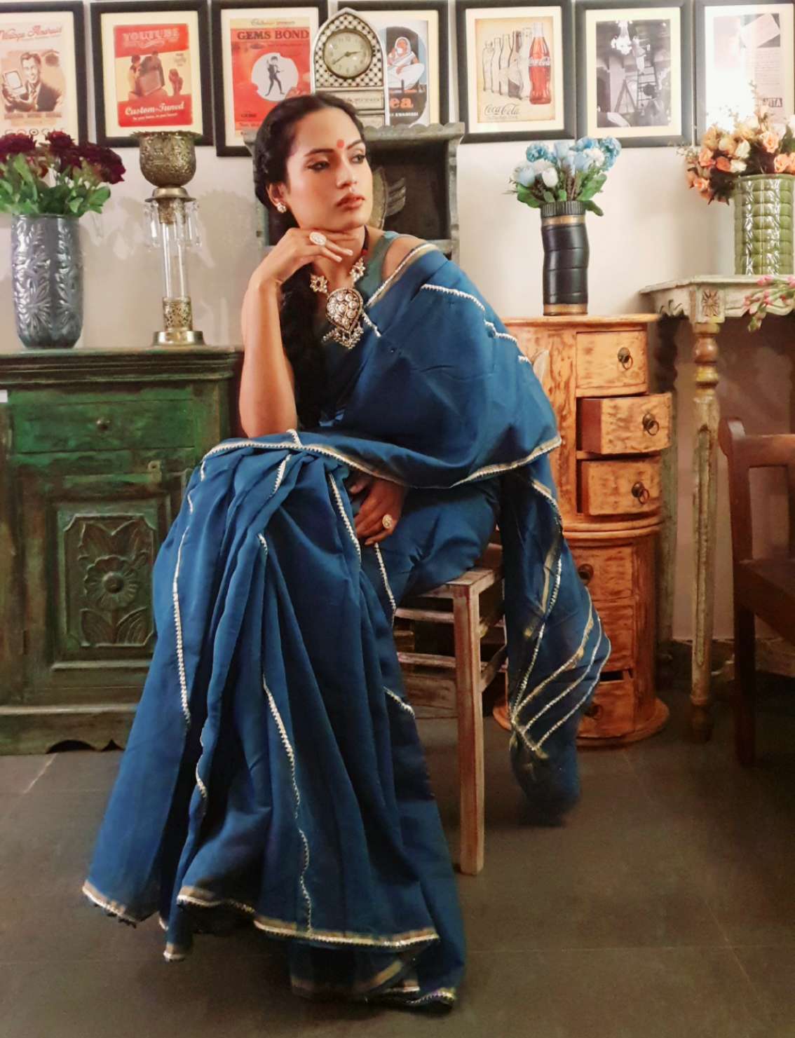 Teal chanderi silk gota saree