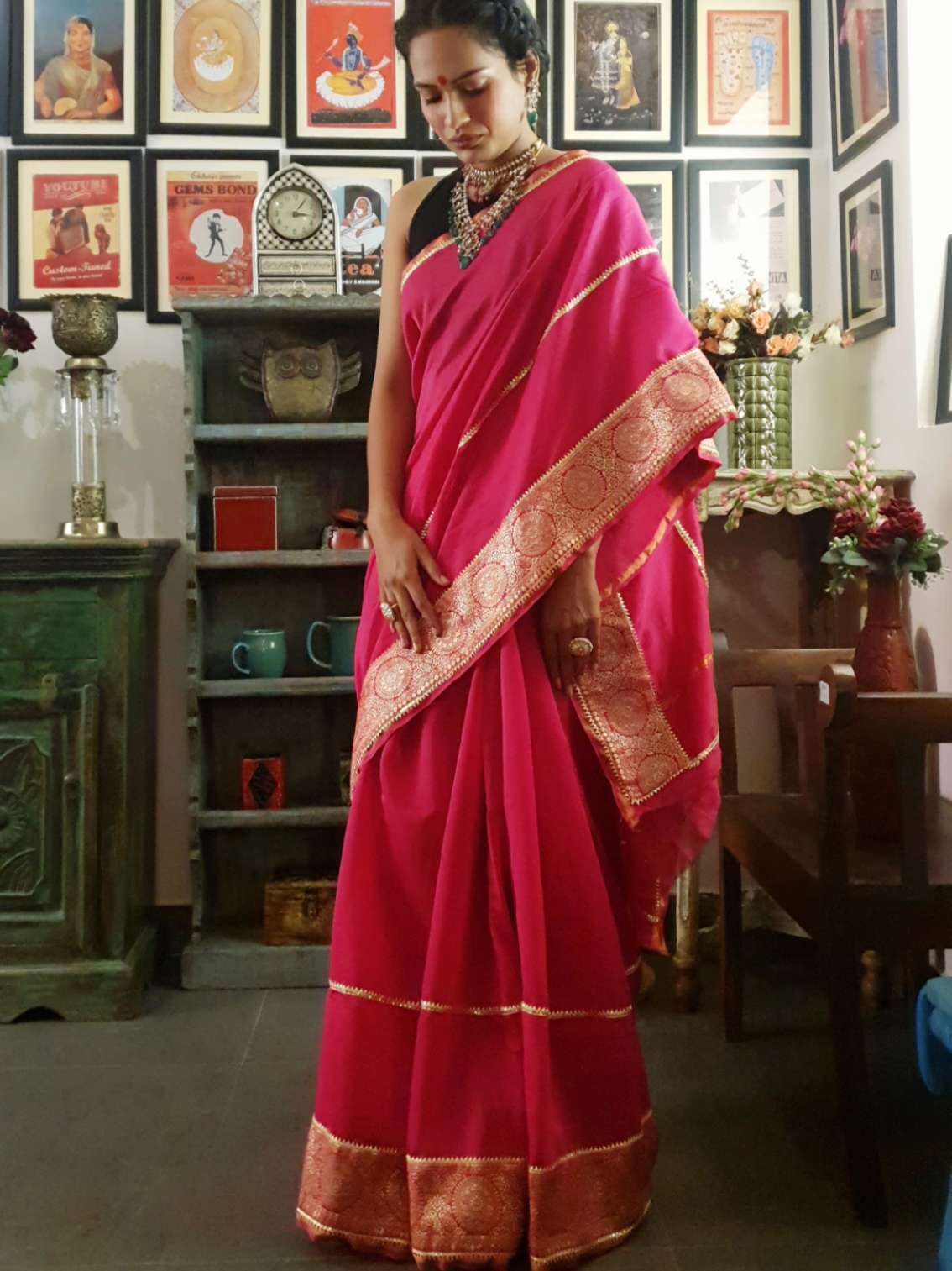 Magenta chanderi silk gota saree