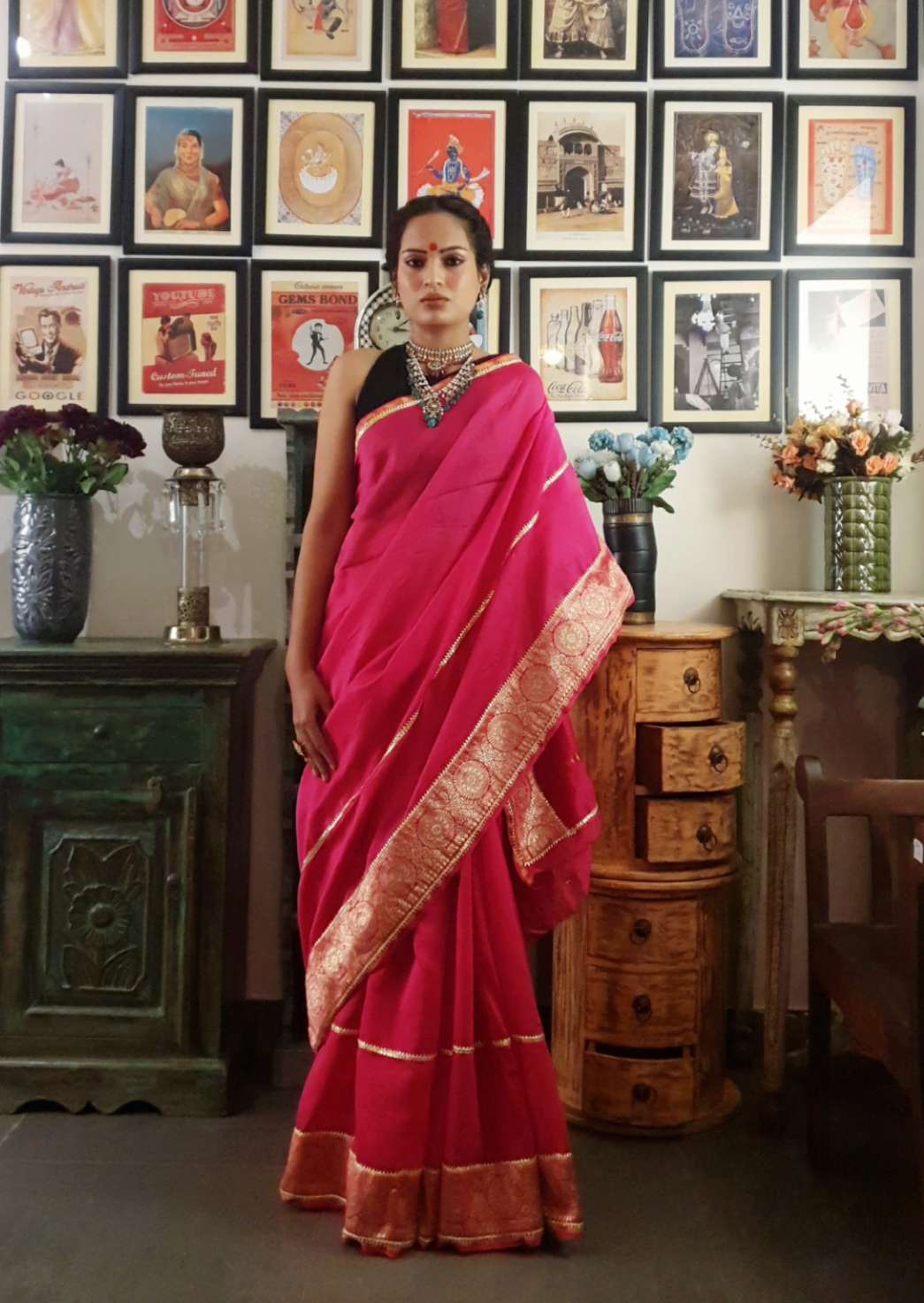 Magenta chanderi silk gota saree