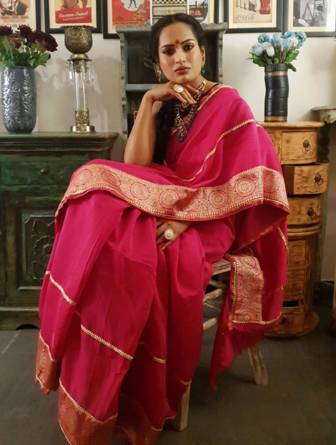 Magenta chanderi silk gota saree