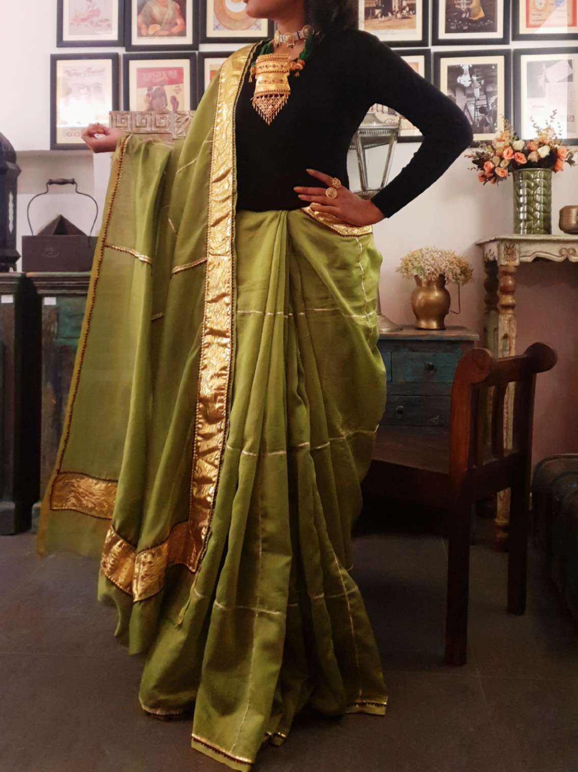 Olive chanderi silk gota saree