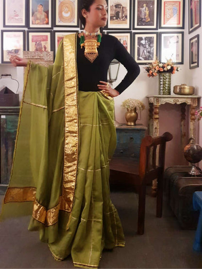 Olive chanderi silk gota saree