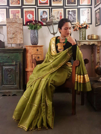 Olive chanderi silk gota saree