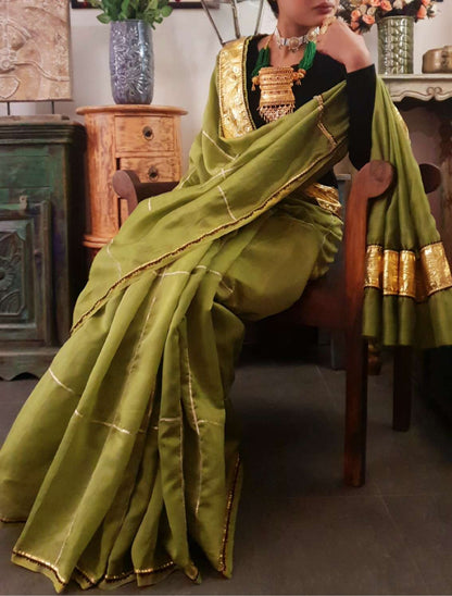 Olive chanderi silk gota saree