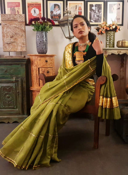 Olive chanderi silk gota saree