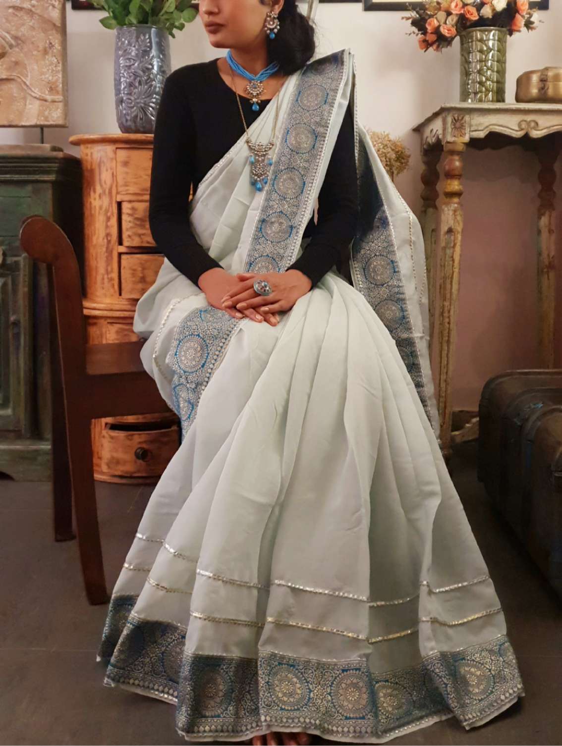 Mint chanderi silk gota saree