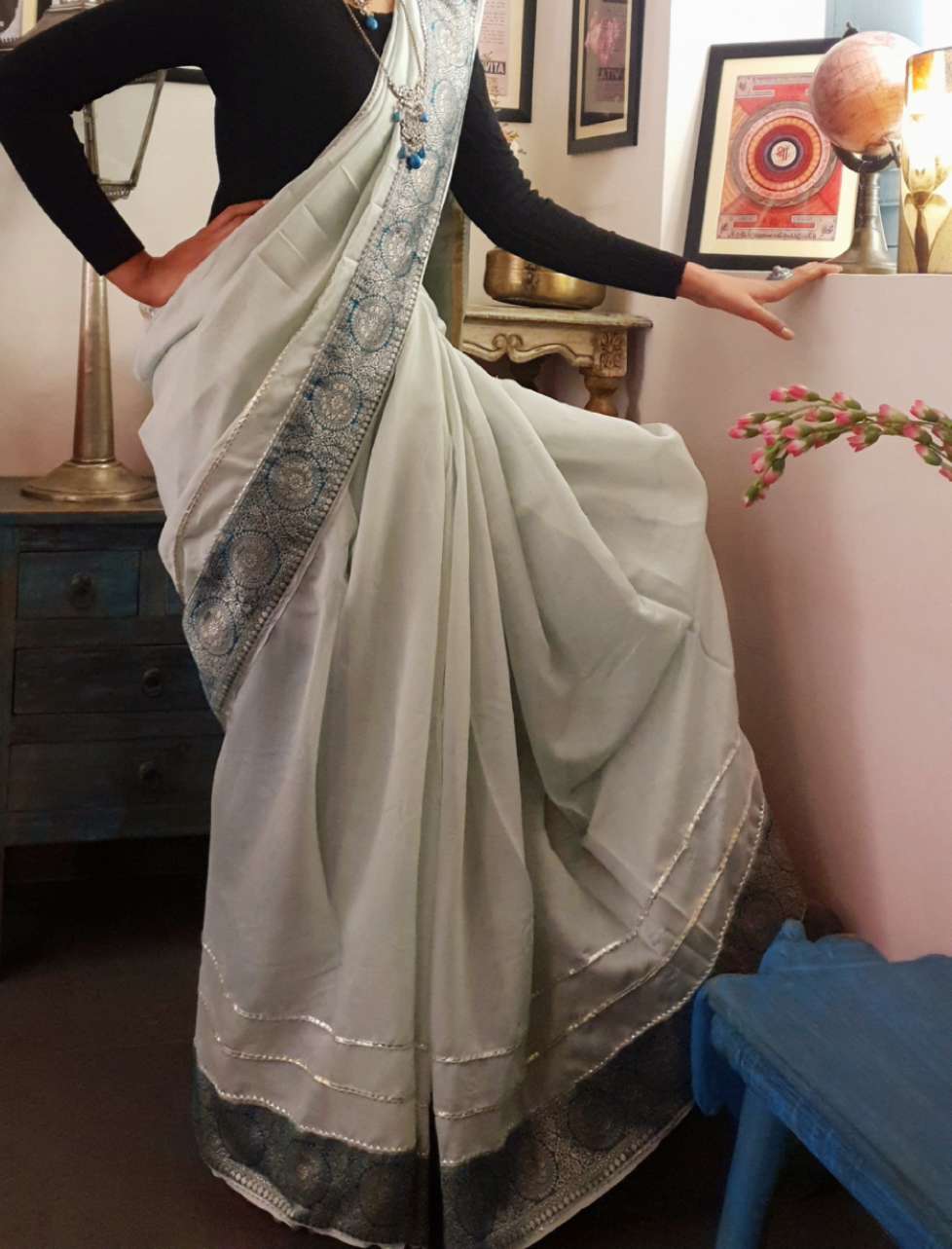 Mint chanderi silk gota saree