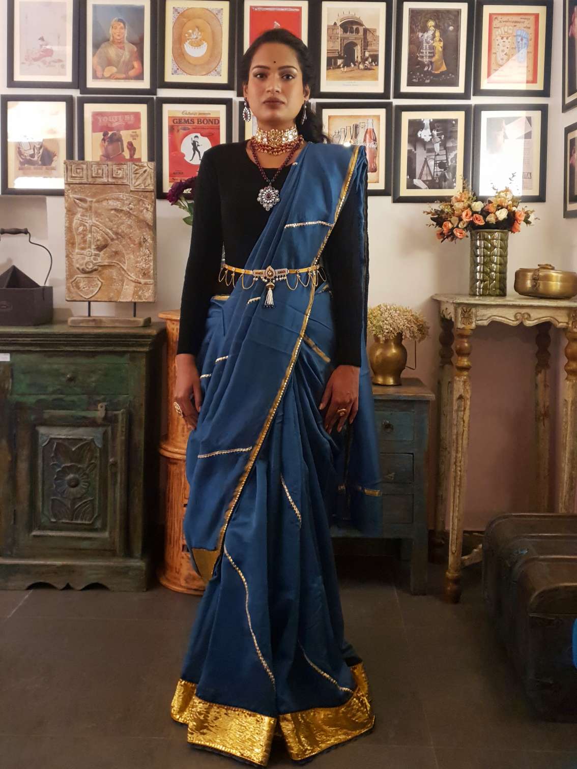 Teal chanderi silk lappa gota saree