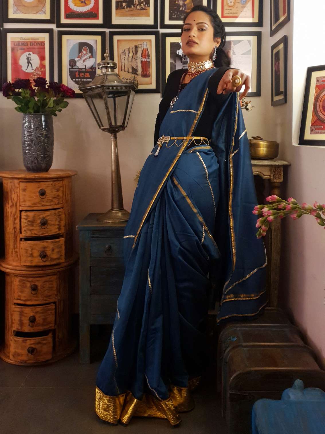 Teal chanderi silk lappa gota saree