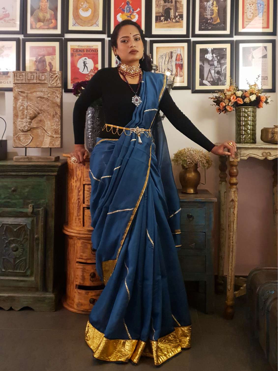 Teal chanderi silk lappa gota saree