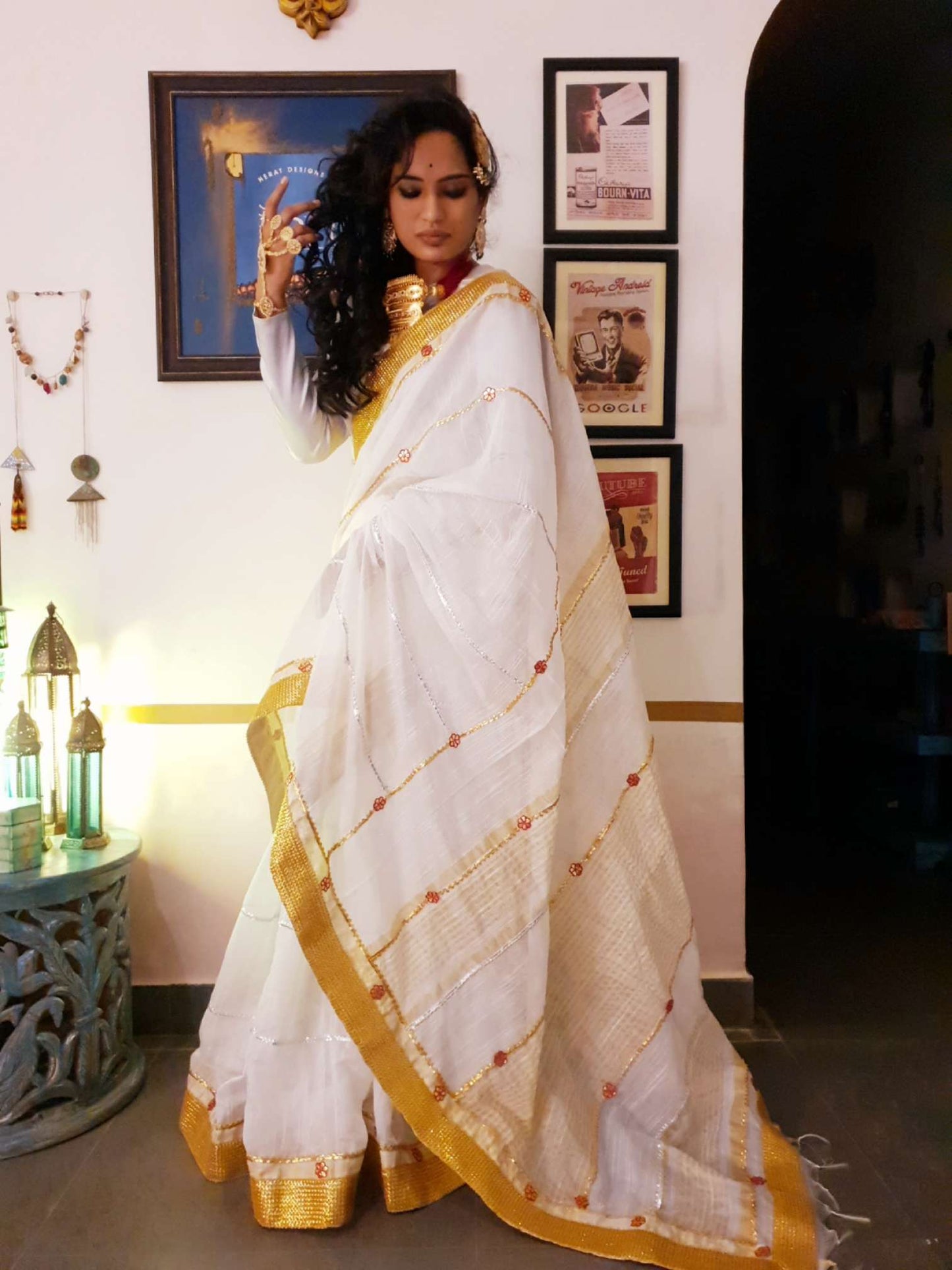 Pearl white cotton silk gota saree