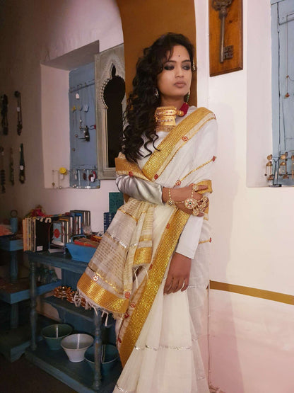 Pearl white cotton silk gota saree