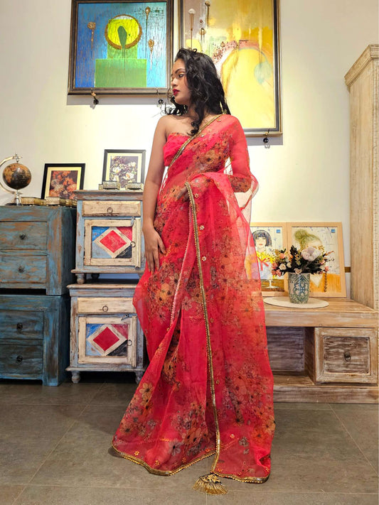 Hot pink organza gota saree