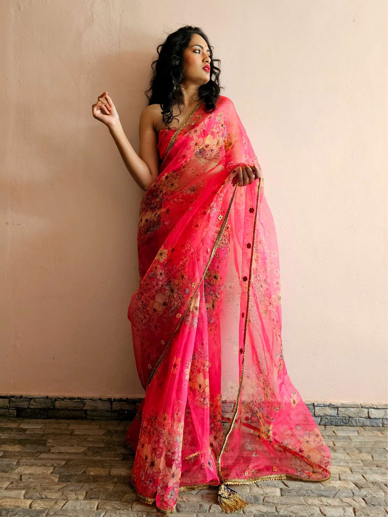 Hot pink organza gota saree